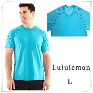 LULULEMON Metal Vent Tech Short Sleeve T-Shirt in Turquoise Blue Orange Stitch